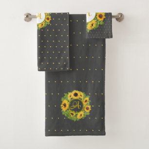 Mit Monogramm Sonnenblumen Punkte Gelb Dunkelgrau Badhandtuch Set