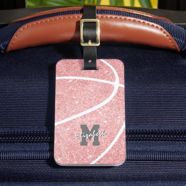 mit Monogramm Sportgeschenke Mädchen rosa Basketba Gepäckanhänger (Vorderseite Insitu 2)