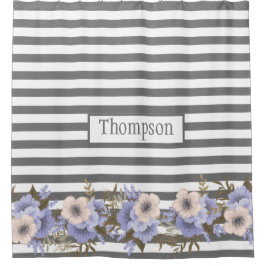 Mit Monogramm, staubblaue Wasserfarben-Blumenstrei Duschvorhang