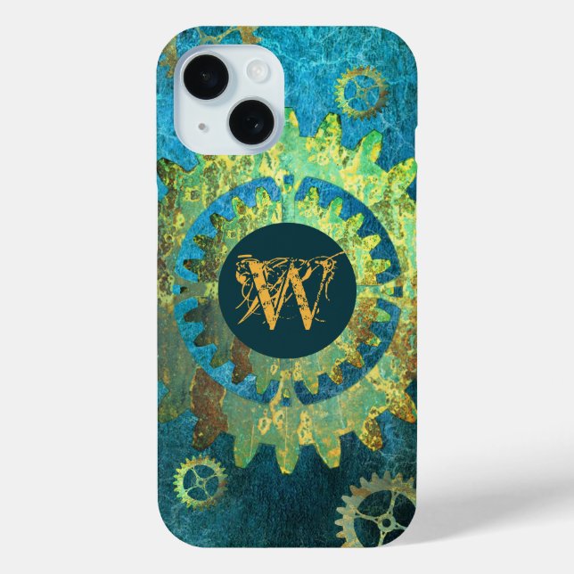 Mit Monogramm Steampunk Verdigris Rusty Cogwheel Case-Mate iPhone Hülle (Rückseite)