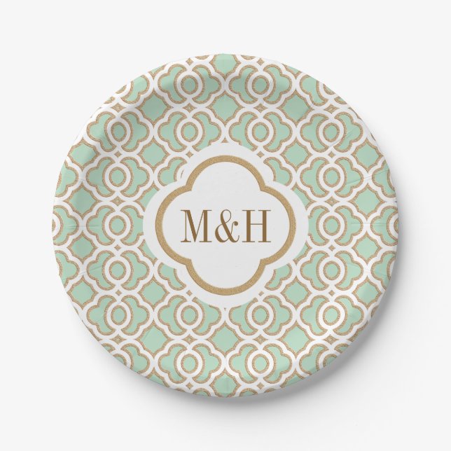 Mit Monogramm tadelloses Grün und Pappteller (Vorderseite)