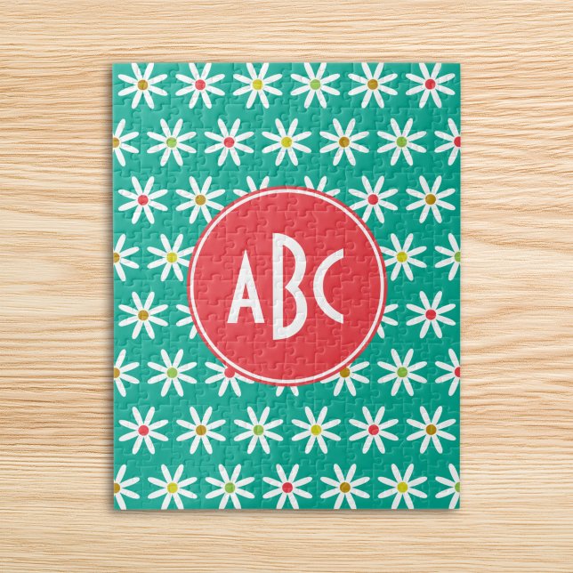 Mit Monogramm Teal Gänseblümchen Punkte Puzzle (Monogrammed Teal Daisy Dots Jigsaw Puzzle)