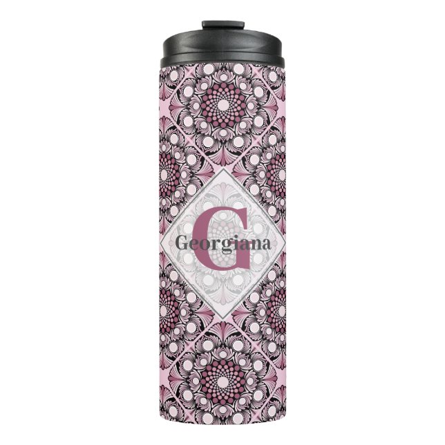 Mit Monogramm Tile Dusky Rose Cherry Blossom Manda Thermosbecher (Vorderseite)