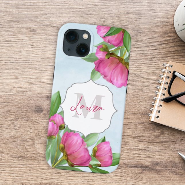 Mit Monogramm Trendy Floral Peony Blume Elegante Case-Mate iPhone Hülle (Von Creator hochgeladen)