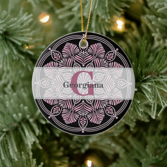 Mit Monogramm trockene Rose Blumenfronten Dot Mand Keramik Ornament (Baum)