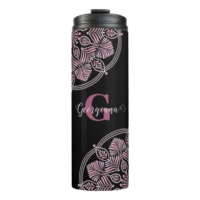 Mit Monogramm trockene Rose Blumenfronten Dot Mand Thermosbecher (Vorderseite)