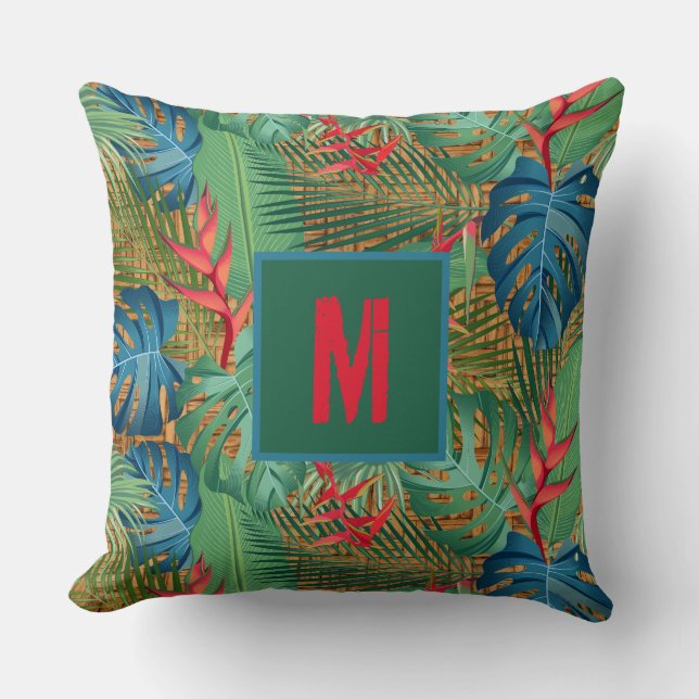 Mit Monogramm Tropenflora auf Wicker Print Kissen (Vorderseite)