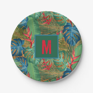 Mit Monogramm Tropenflora auf Wicker Print Pappteller
