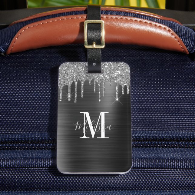 Mit Monogramm Tropfen aus schwarzem Glitzer Gepäckanhänger (Vorderseite Insitu 2)