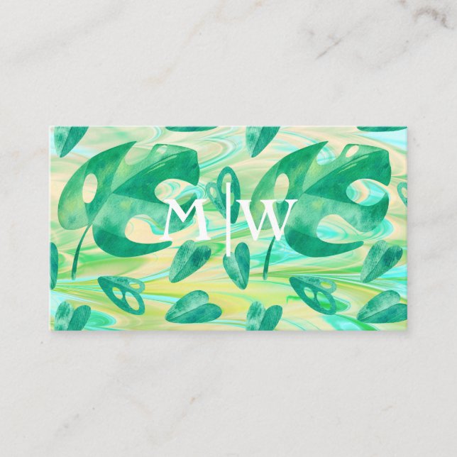 Mit Monogramm Tropical Monstera Leaf Green Luxus Visitenkarte (Vorderseite)