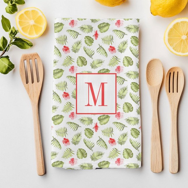Mit Monogramm tropische Palm-Blätter Muster Geschirrtuch (Pink Monogrammed Tropical Palm Leaves Pattern Kitchen Towel)