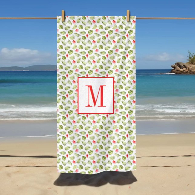 Mit Monogramm tropische Palm-Blätter Muster Strandtuch (Pink Monogrammed Tropical Palm Leaves Pattern Beach Towel)