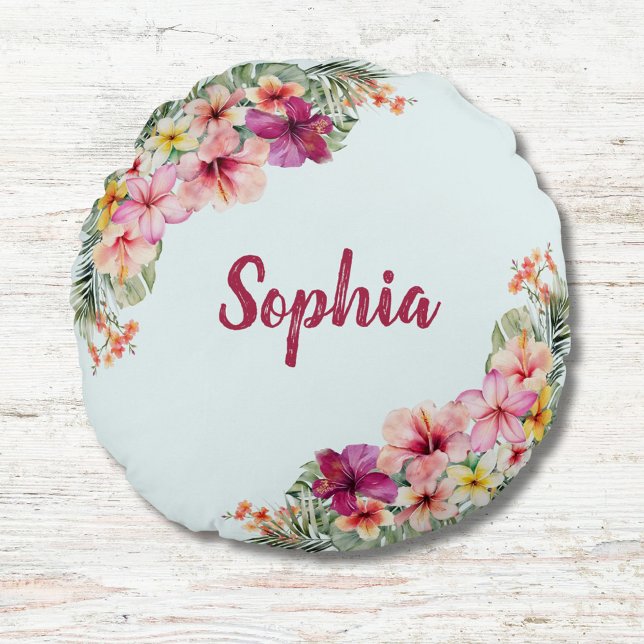 Mit Monogramm tropische rosa Blume florale botanis Rundes Kissen (Close up)