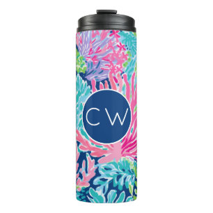 Mit Monogramm tropisches Ozeanmuster Rosa Blau Thermosbecher