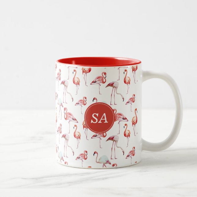 Mit Monogramm tropisches Rosa Flamingo Zweifarbige Tasse (Rechts)