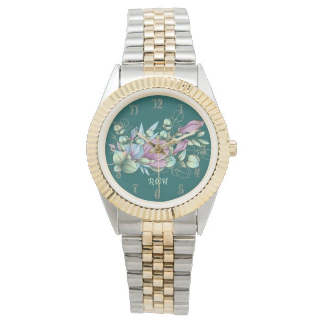 Mit Monogramm Uhr von Aquarellblumen (Vorderseite)