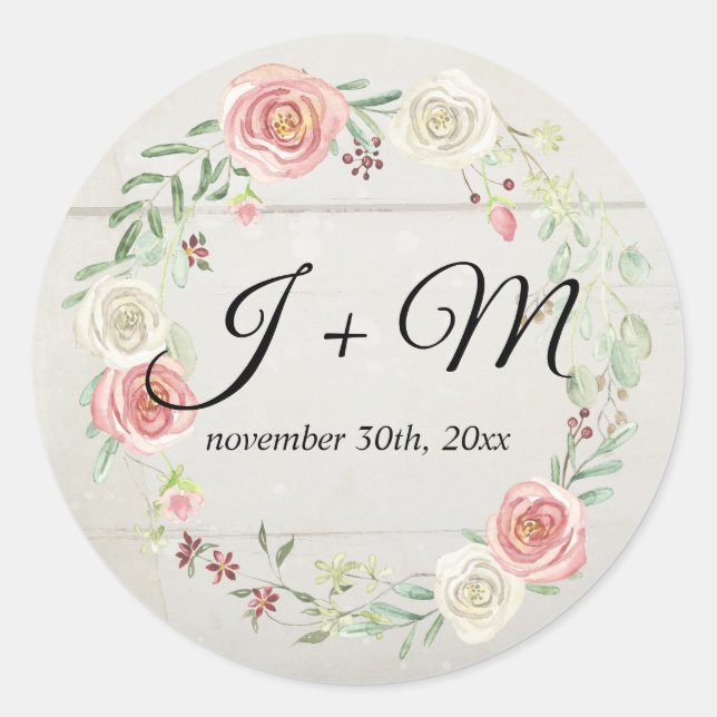 Mit Monogramm Umhüllung Rustikale Rose aus Holz Runder Aufkleber (Vorderseite)