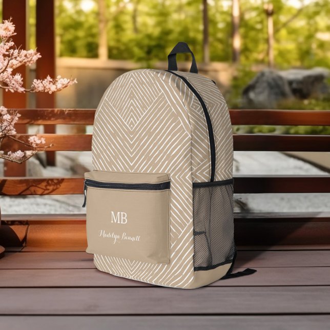 Mit Monogramm und Name Tan White Geometric Bedruckter Rucksack (Von Creator hochgeladen)