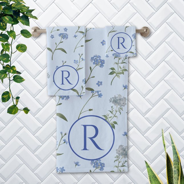 Mit Monogramm Vergessen Sie mir nicht blaue Flora  Badhandtuch Set (In situ Bathroom wall)