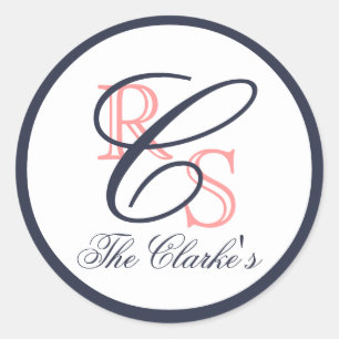 Mit Monogramm Verheirateter Name, Peach, Navy Blue Runder Aufkleber