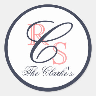 Mit Monogramm Verheirateter Name, Peach, Navy Blue Runder Aufkleber