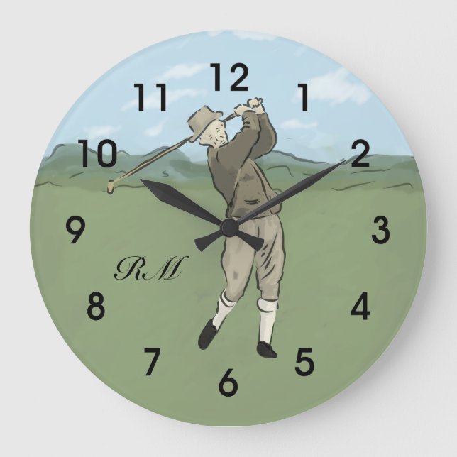 Mit Monogramm Vintage Golfart Große Wanduhr (Vorderseite)