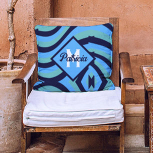 Mit Monogramm Vintage Navy Blue & Aquamarin psyche Kissen