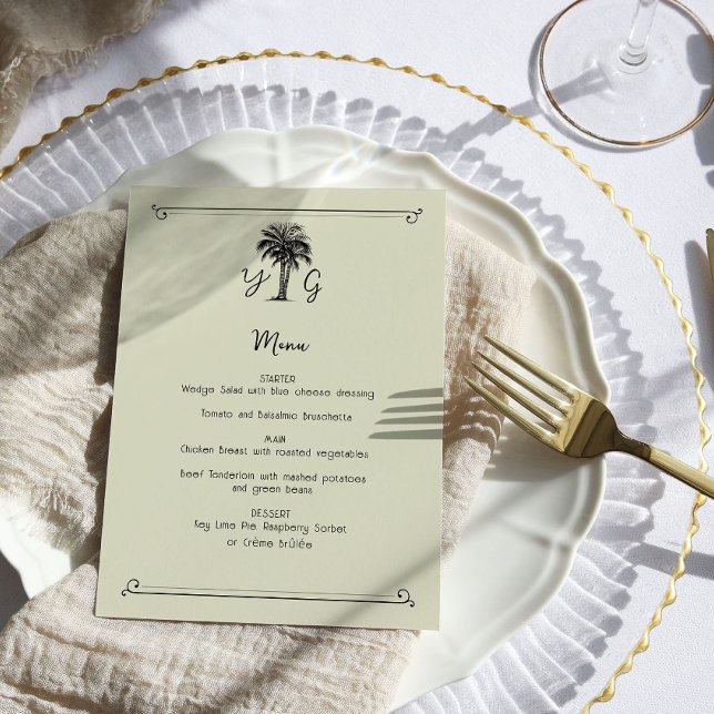 Mit Monogramm Vintage Palmbaumhochzeit Menükarte (5x7 Wedding Menu - from my Vintage Palm Wedding Collection)