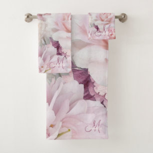Mit Monogramm Vintage Rosa Gemälde im botanischen  Badhandtuch Set