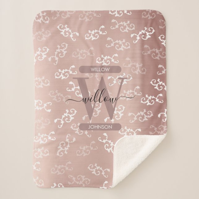 Mit Monogramm Vintage Rose Gold Damask Muster Sherpadecke (Vorderseite)