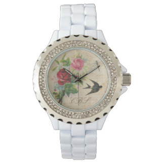 Mit Monogramm Vintage Rose Schlucken Sie den Vogel Armbanduhr