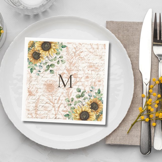 Mit Monogramm Vintages Sonnenblumendekoupage Serviette (In situ table setting)