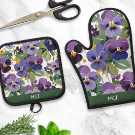Mit Monogramm Violett-Blume Hübsche Gemusterte Blü Ofenhandschuh & Topflappen-Set
