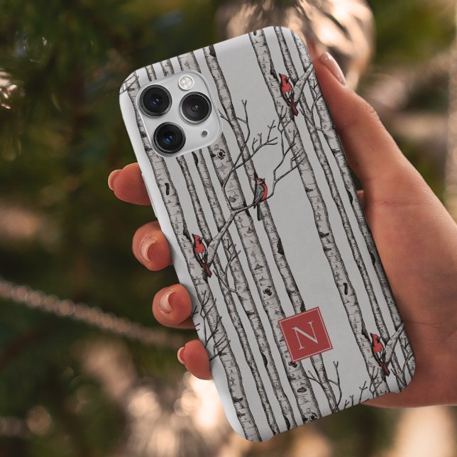 Mit Monogramm Vogelbäume und Vögel des Roten Kardi Case-Mate iPhone Hülle (Modern Hand-Drawn Birch Trees with Red Cardinal Birds Perched on Branches. Personalize with Monogram)