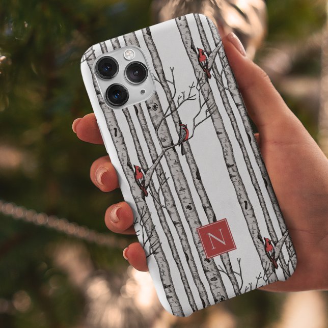 Mit Monogramm Vogelbäume und Vögel des Roten Kardi Case-Mate iPhone Hülle (Modern Hand-Drawn Birch Trees with Red Cardinal Birds Perched on Branches. Personalize with Monogram)