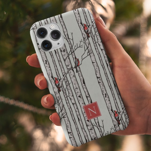 Mit Monogramm Vogelbäume und Vögel des Roten Kardi Case-Mate iPhone Hülle (Modern Hand-Drawn Birch Trees with Red Cardinal Birds Perched on Branches. Personalize with Monogram)