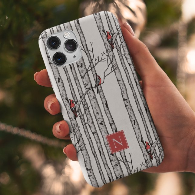 Mit Monogramm Vogelbäume und Vögel des Roten Kardi Case-Mate iPhone Hülle (Modern Hand-Drawn Birch Trees with Red Cardinal Birds Perched on Branches. Personalize with Monogram)
