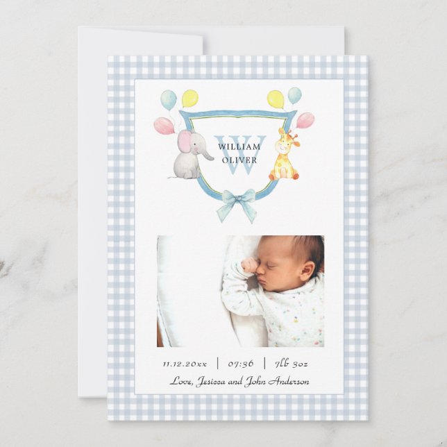 Mit Monogramm Wappen mit Aquarelltier Geburt Ankündigung (Vorderseite)