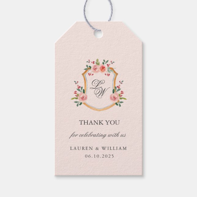 Mit Monogramm Wappen mit Blume Hochzeit Geschenkanhänger (Vorderseite)