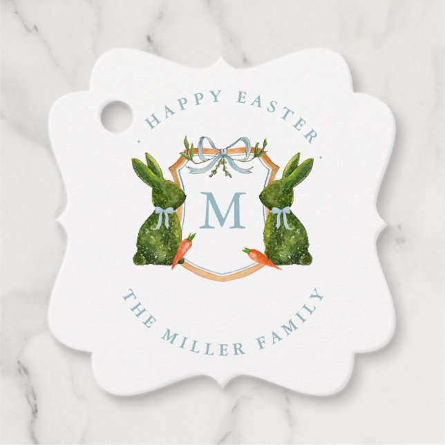 Mit Monogramm Wappen Topiary Bunny Oster Geschenkanhänger (Vorderseite)