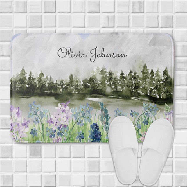 Mit Monogramm Wasserfarbe Blau Lila Blume Wiese Badematte (In situ bedroom floor)