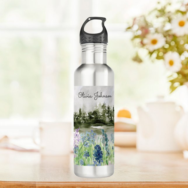Mit Monogramm Wasserfarbe Blau Lila Blume Wiese Edelstahlflasche (In situ kitchen table)