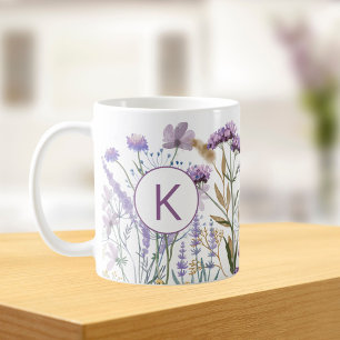 Mit Monogramm Wasserfarbe Lila Wildblume Wiese Kaffeetasse