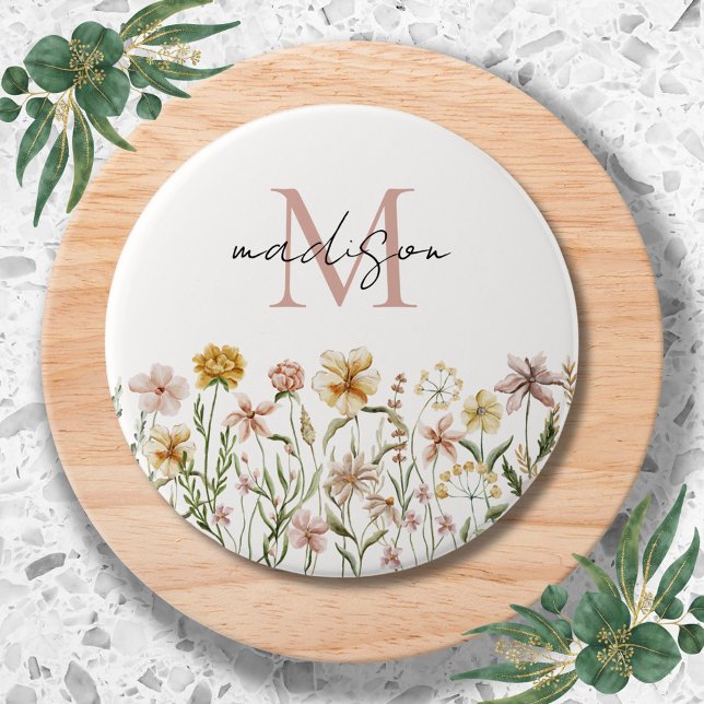 Mit Monogramm Wasserfarbe Wildblume Wiese Button (Close up)