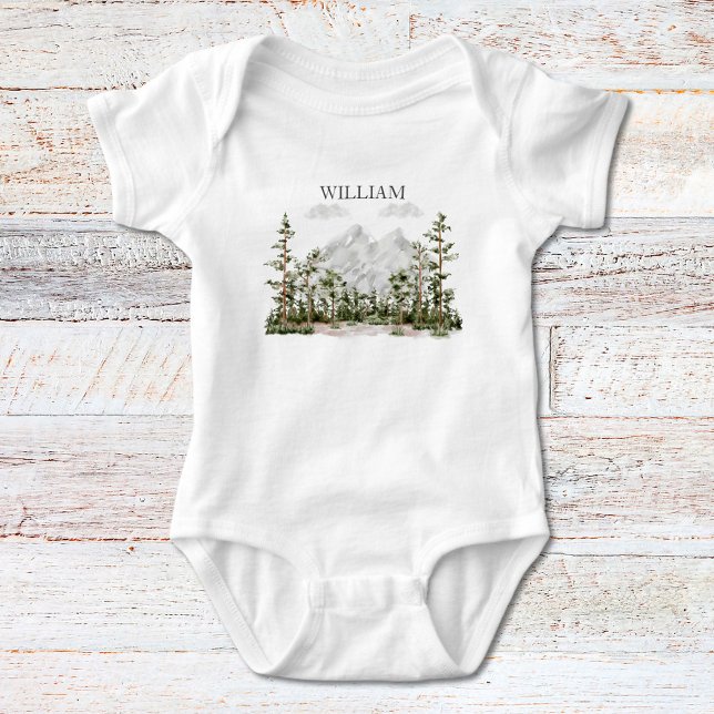 Mit Monogramm Wasserfarbengebirge und Wald Baby Strampler (Close up)