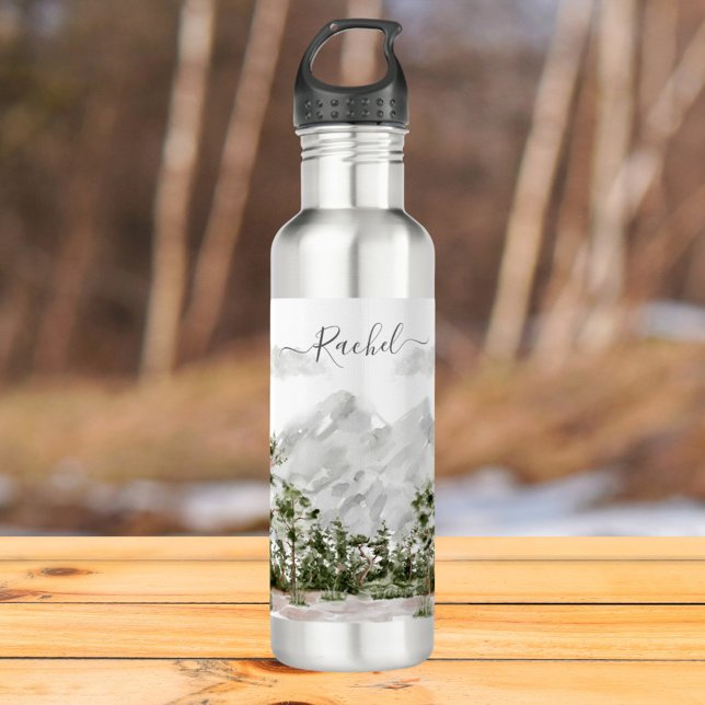 Mit Monogramm Wasserfarbengebirge und Wald Edelstahlflasche (In situ outdoor)