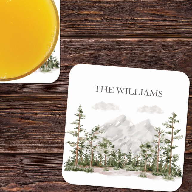 Mit Monogramm Wasserfarbengebirge und Wald Rechteckiger Pappuntersetzer (In situ)