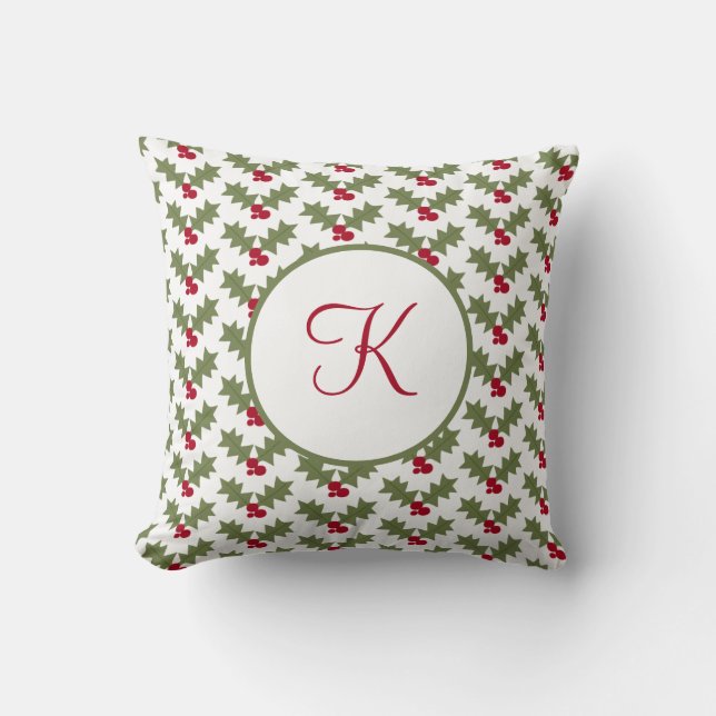 Mit Monogramm Weihnachten Holly Red Berry Green Bl Kissen (Vorderseite)