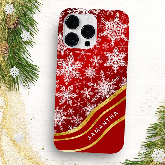 Mit Monogramm Weihnachts-Rot-Gold-Schneeflocken Case-Mate iPhone Hülle (Von Creator hochgeladen)