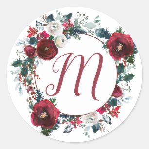 Mit Monogramm Weihnachtsblumenburgunder-Rosen Runder Aufkleber